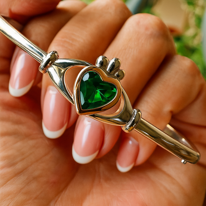Sterling Silver and Rose Gold Claddagh Green Cubic Zirconia Bangle