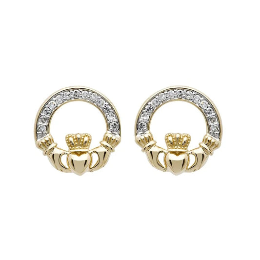 14ct Gold Diamond Set Claddagh Stud Earrings