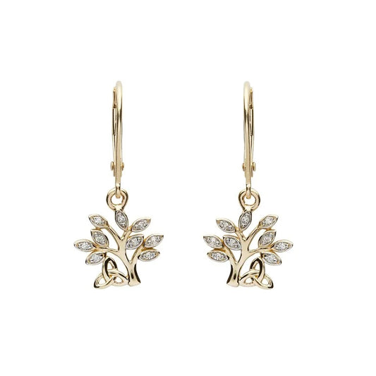 14ct Gold Diamond Tree of Life Drop Earrings