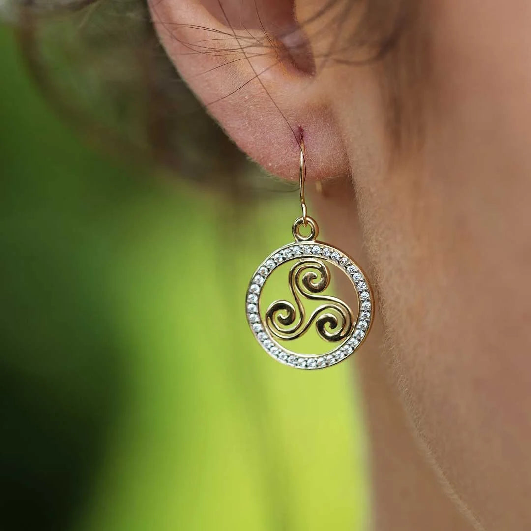 10ct Gold Cubic Zirconia Celtic Triskele Earrings on Ear