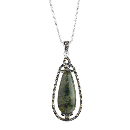 Sterling Silver Connemara Marble Marcasite Trinity Knot Pendant - Large