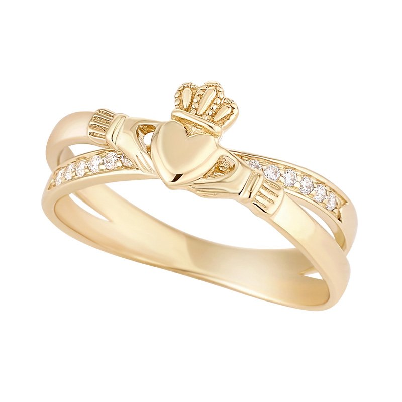 10ct Gold Cubic Zirconia Claddagh Crossover Ring
