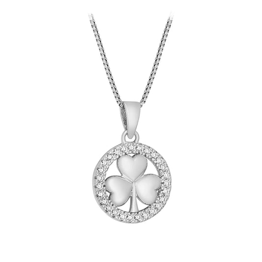 Sterling Silver Cubic Zirconia Round Shamrock Pendant