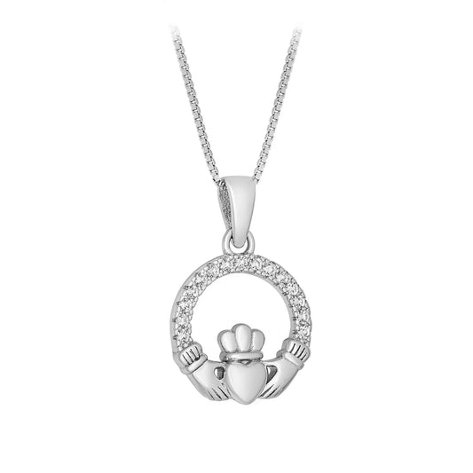 Sterling Silver Cubic Zirconia Round Claddagh Pendant