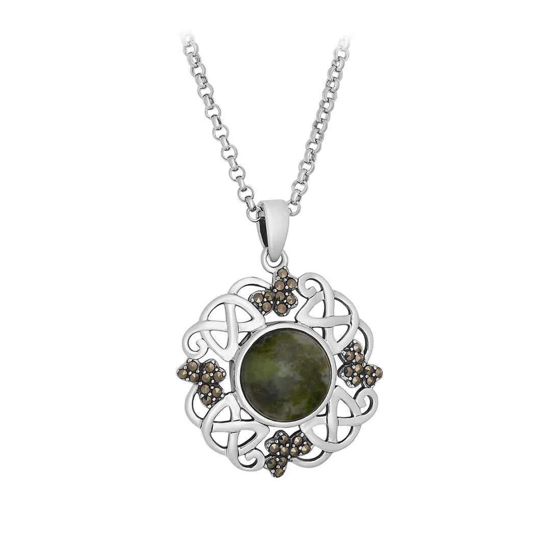 Sterling Silver Connemara Marble and Marcasite Celtic Shamrock Pendant