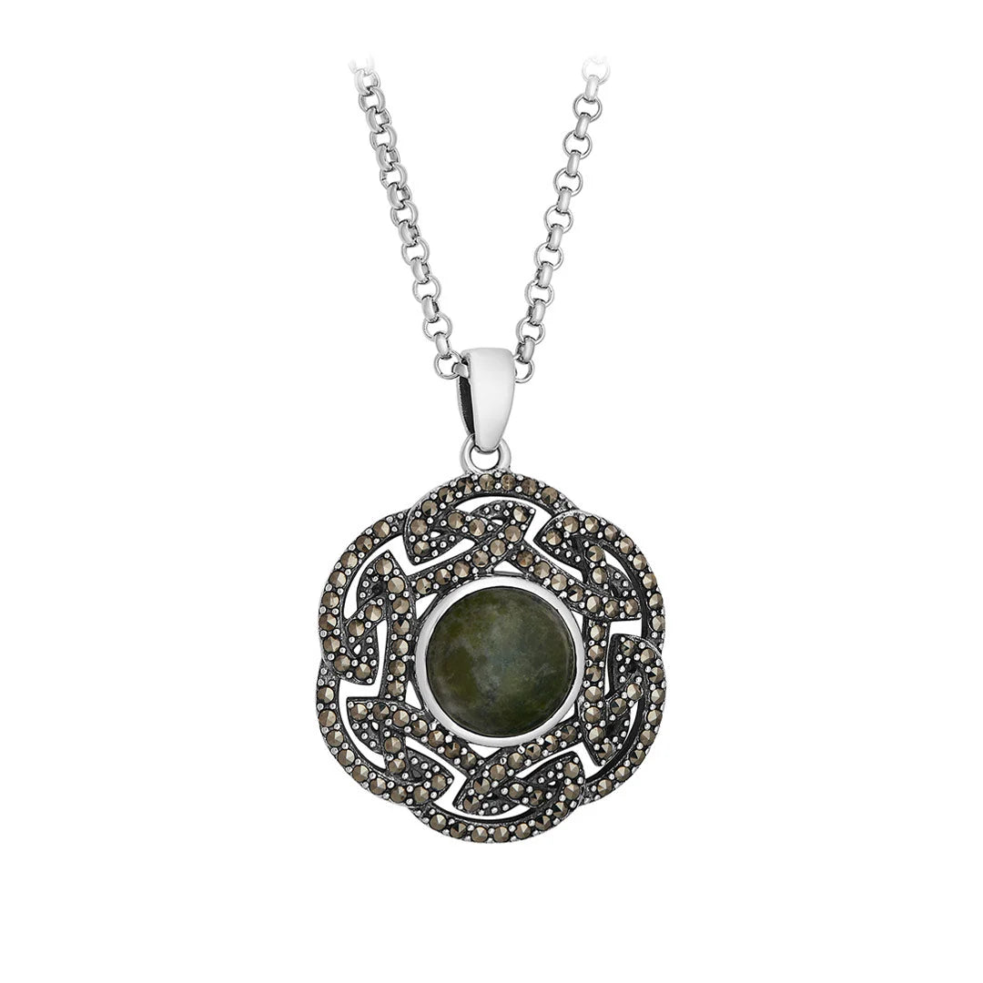 Sterling Silver Connemara Marble and Marcasite Interwoven Celtic Knot Pendant
