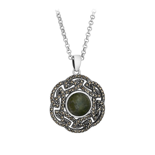 Sterling Silver Connemara Marble and Marcasite Interwoven Celtic Knot Pendant