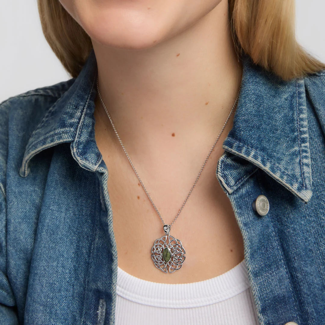 Sterling Silver Oval Connemara Marble Celtic Knot Pendant