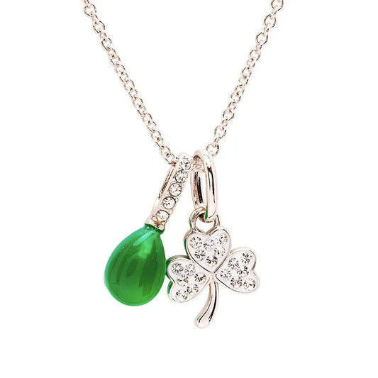 Sterling Silver Crystal and Green Agate Shamrock Necklace
