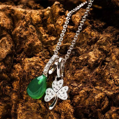 Sterling Silver Crystal and Green Agate Shamrock Necklace