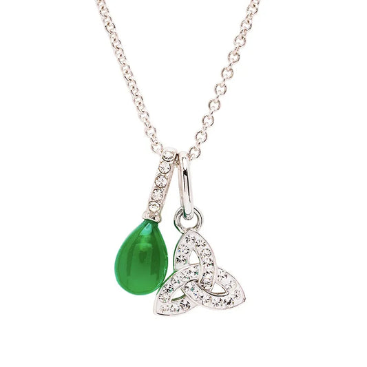 Sterling Silver Crystal and Green Agate Trinity Knot Necklace