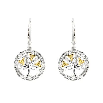 Sterling Silver Cubic Zirconia Gold Plated Tree of Life Earrings