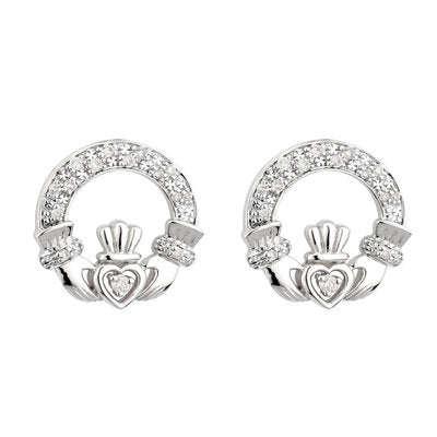 14ct White Gold Diamond Claddagh Earrings