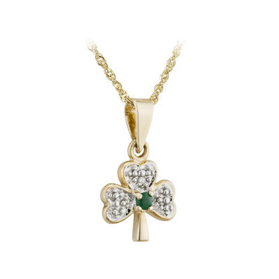 14ct Yellow Gold Diamond and Emerald Shamrock Pendant