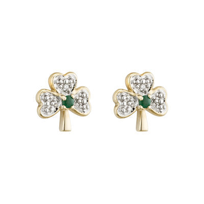 14ct Yellow Gold Diamond and Emerald Shamrock Earrings