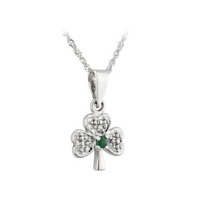 14ct White Gold Diamond and Emerald Shamrock Pendant