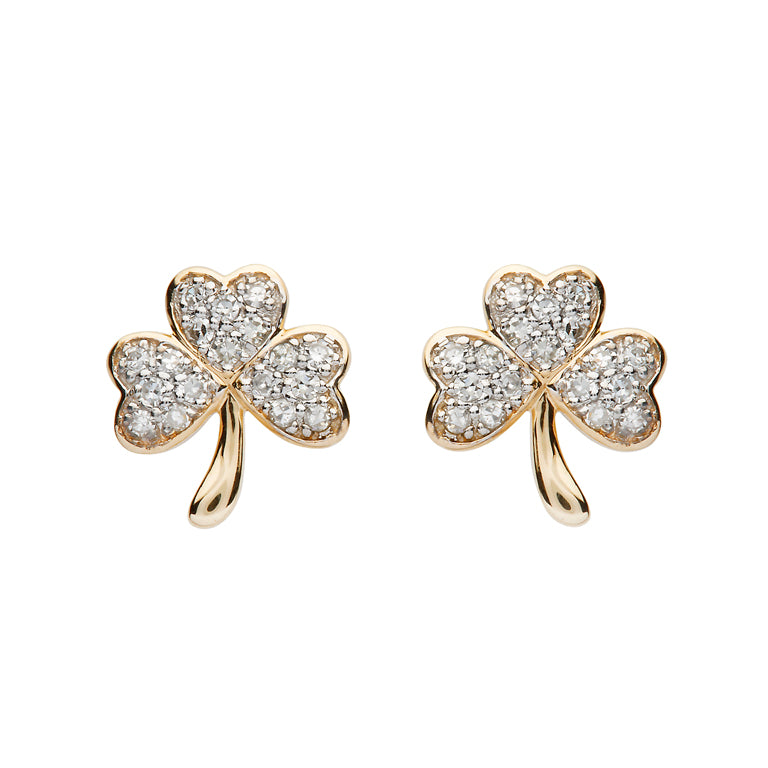 14ct Yellow Gold Diamond Shamrock Stud Earrings