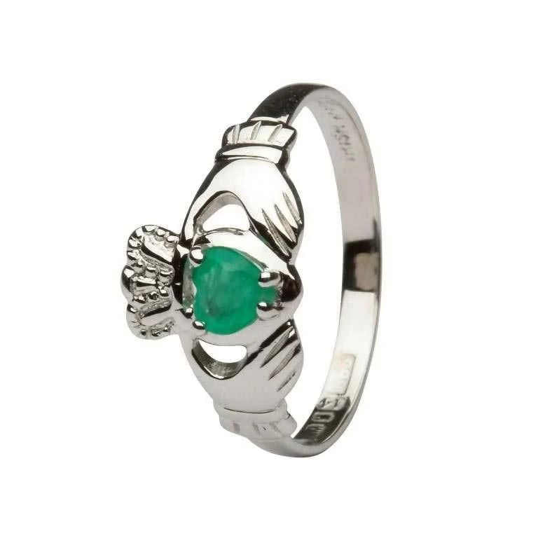 14ct White Gold Emerald Heart Claddagh Ring
