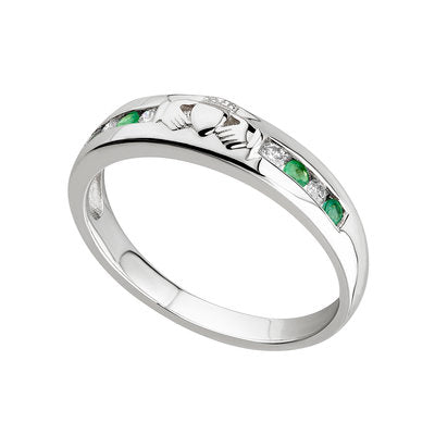 14ct White Gold Diamond & Emerald Claddagh Eternity Ring