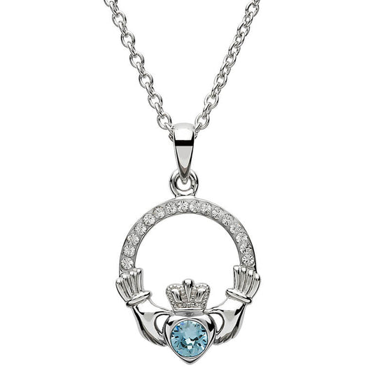 Sterling Silver Claddagh March Birthstone Pendant with Swarovski Crystals