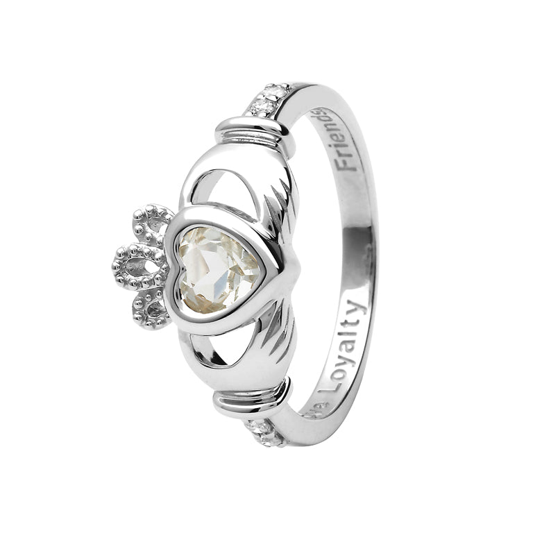 14ct White Gold White Topaz April Birthstone Claddagh Ring