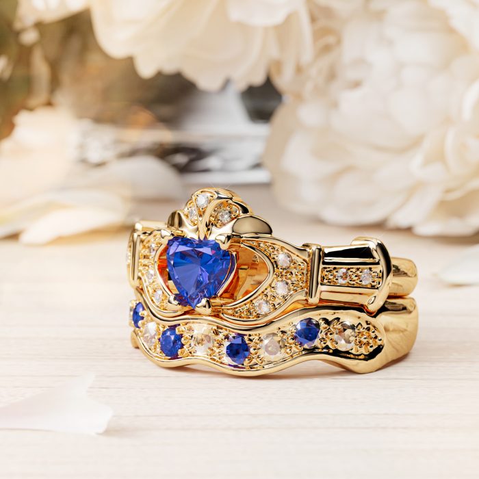 14ct Yellow Gold Diamond and Emerald Sapphire Claddagh Ring with Matching Wedding Band