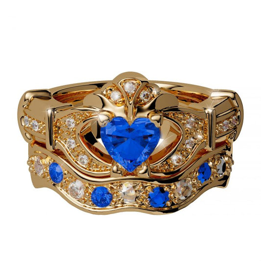 14ct Yellow Gold Diamond and Emerald Sapphire Claddagh Ring with Matching Wedding Band
