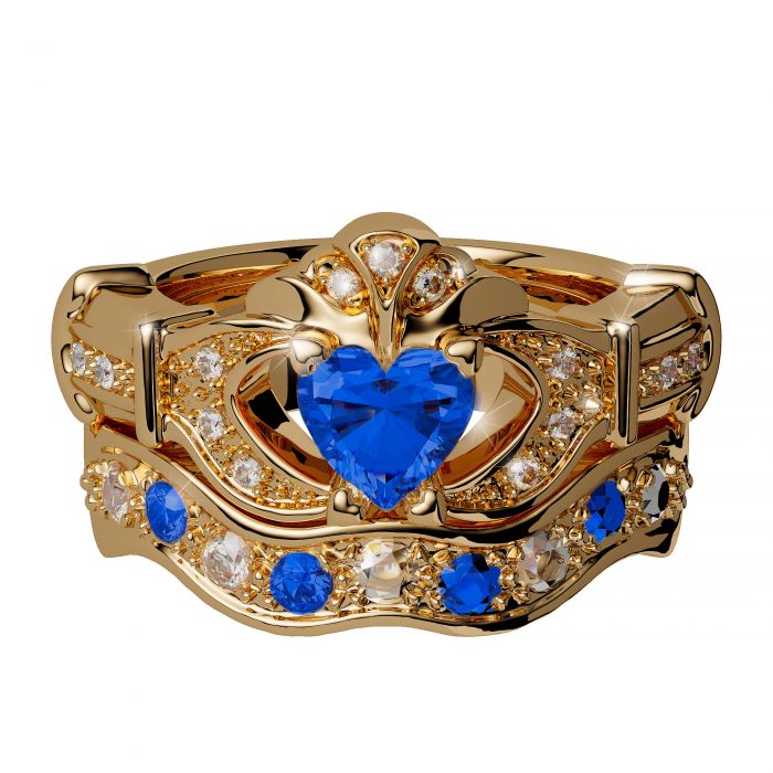 14ct Yellow Gold Diamond and Emerald Sapphire Claddagh Ring with Matching Wedding Band