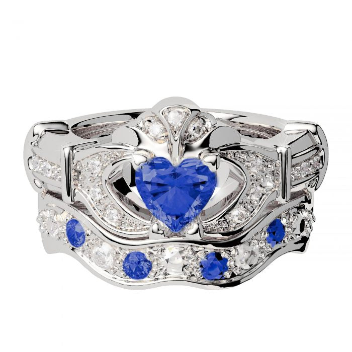 14ct White Gold Diamond and Emerald Sapphire Claddagh Ring with Matching Wedding Band