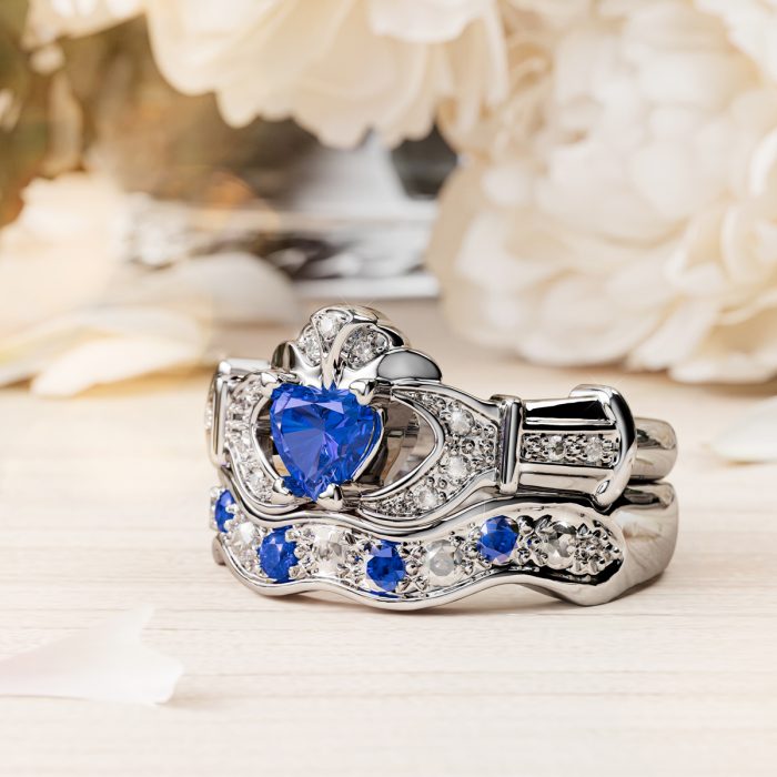 14ct White Gold Diamond and Emerald Sapphire Claddagh Ring with Matching Wedding Band