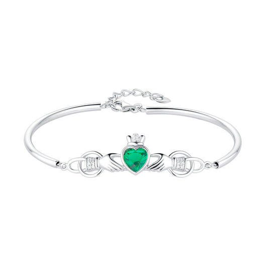 Sterling Silver Green Cubic Zirconia Heart Claddagh Bangle