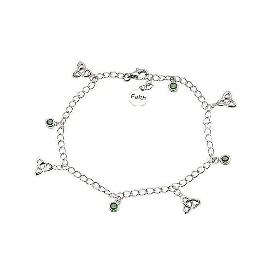 Sterling Silver Green Cubic Zirconia Celtic Trinity Knot Charm Bracelet