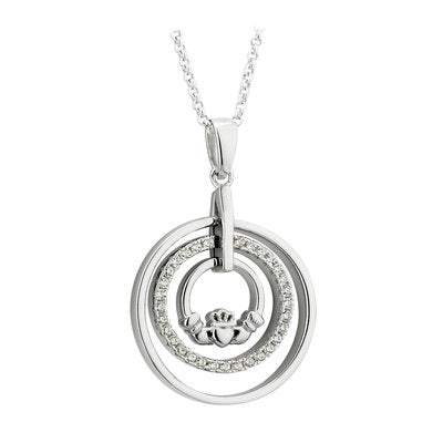 Sterling Silver Cubic Zirconia Circle Claddagh Pendant