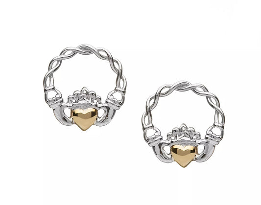 Sterling Silver Claddagh Stud Earrings with 10ct Gold Heart