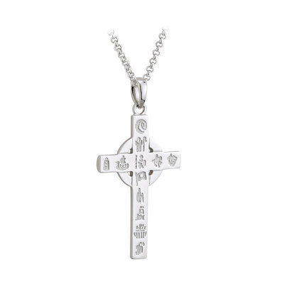 Inspired by Ireland's Celtic high crosses, this history of Ireland cross pendant is handcrafted in sterling silver. This beautiful cross is engraved with 12 symbols that represent Ireland's history. It begins with the Neolithic age right through to the partition of Ireland in 1920. Each piece in the collection is supplied with a booklet detailing all 12 symbols.