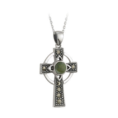 Sterling Silver Connemara Marble Marcasite Celtic Cross