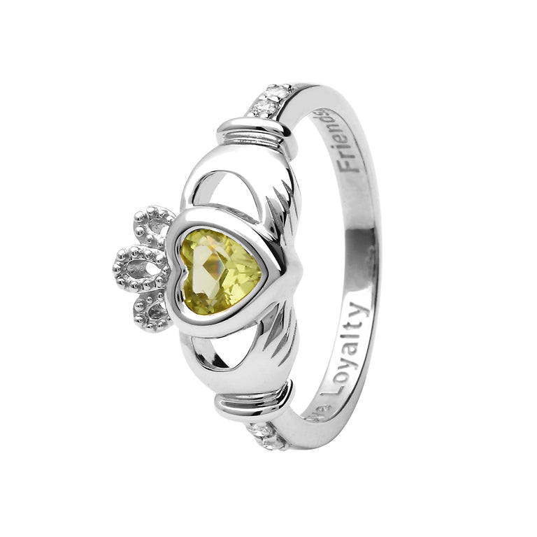 14ct White Gold Peridot August Birthstone Claddagh Ring