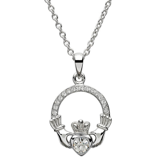 Sterling Silver Claddagh April Birthstone Pendant with Swarovski Crystals