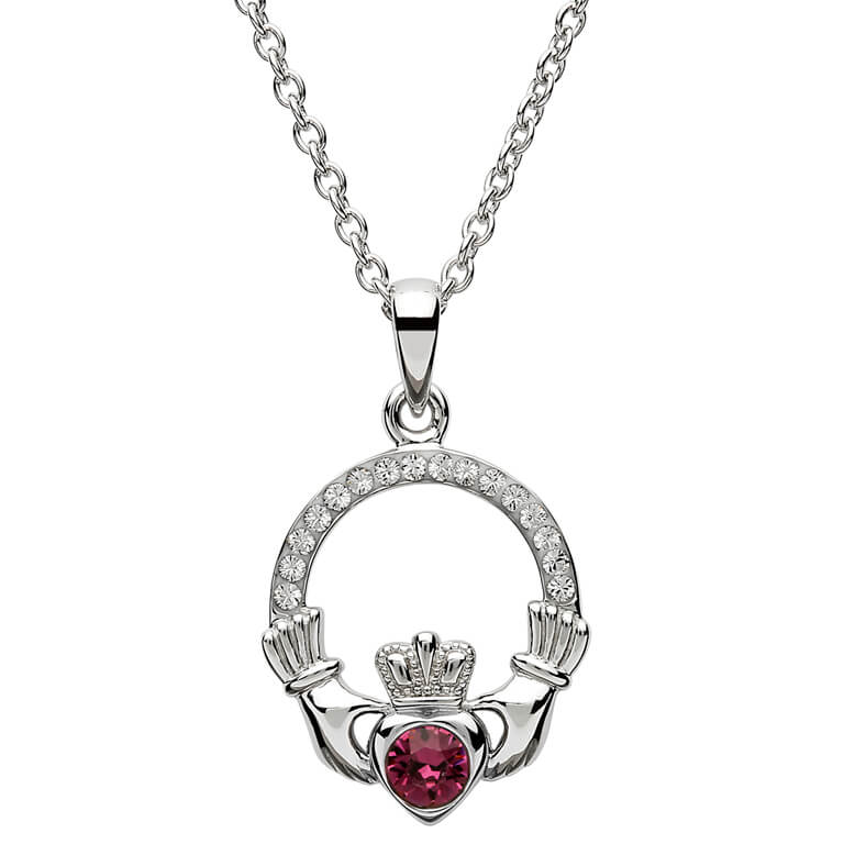 Sterling Silver Claddagh February Birthstone Pendant with Crystals