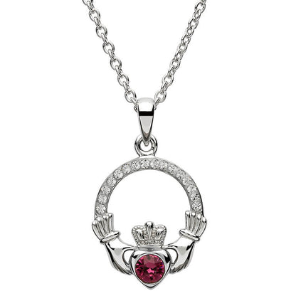 Sterling Silver Claddagh February Birthstone Pendant with Crystals