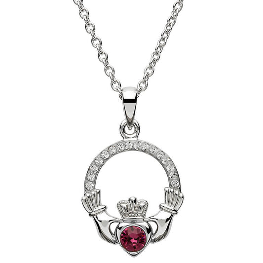 Sterling Silver Claddagh February Birthstone Pendant with Crystals