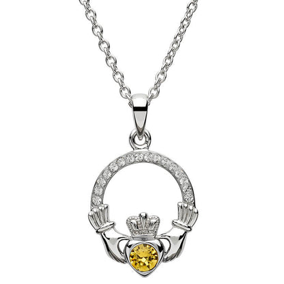 Sterling Silver Claddagh November Birthstone Pendant with Swarovski Crystals