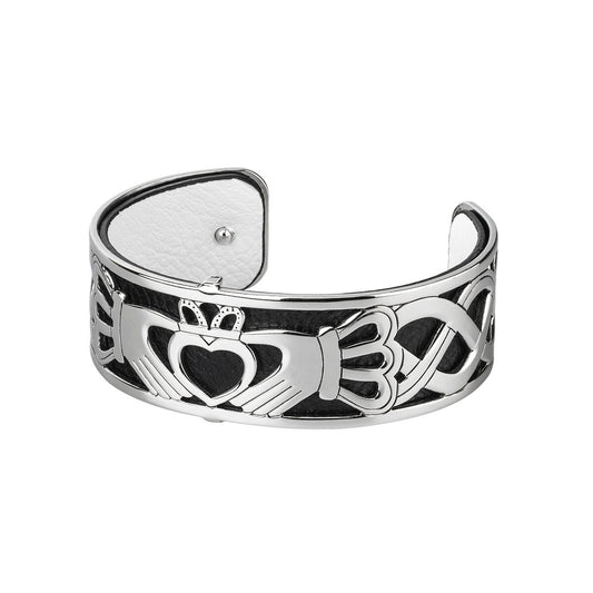 Rhodium plated Claddagh Leather Cuff Bangle