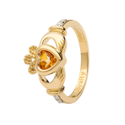 14ct Yellow Gold Citrine November Birthstone Claddagh Ring