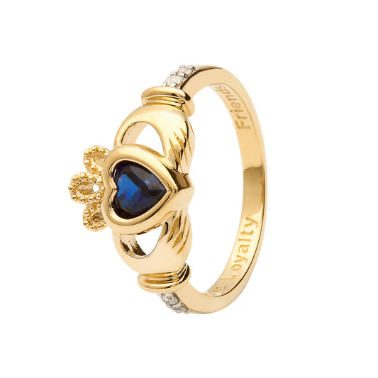 14ct Yellow Gold Blue Sapphire September Birthstone Claddagh Ring