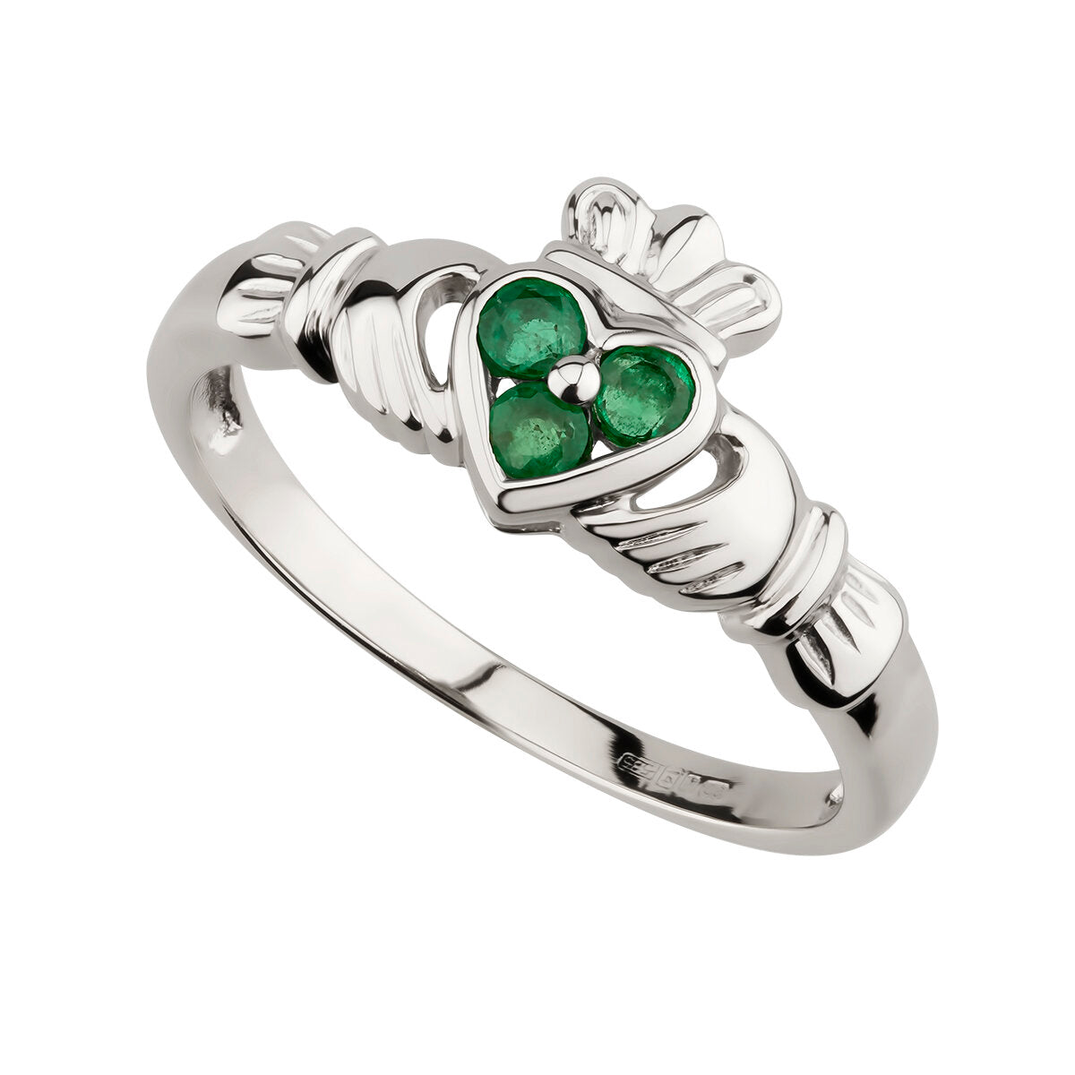 14ct White Gold Emerald Claddagh Ring