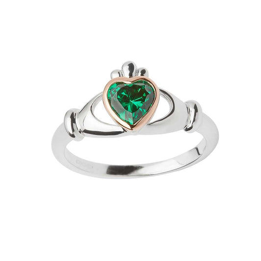 Sterling Silver & Irish Rose Gold Green Cubic Zirconia Claddagh Ring
