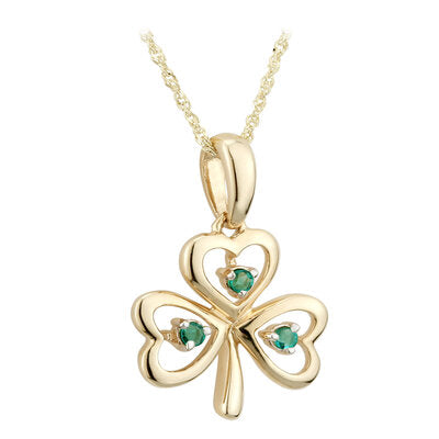 9ct Yellow Gold Open Shamrock Pendant with Emeralds