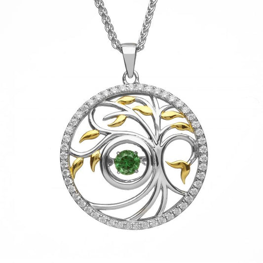 Sterling Silver Tree Of Life Green Dancing Stone Pendant