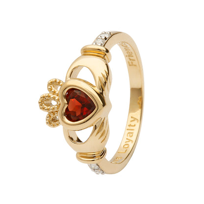 14ct Yellow Gold Garnet January Birthstone Claddagh Ring